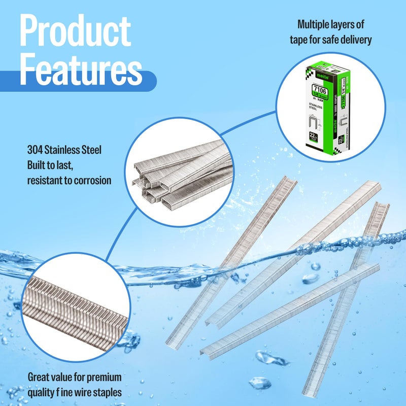Meite ميتي 71/06 دبابيس تنجيد من الفولاذ المقاوم للصدأ 304 قياس 22، تاج 3/8 بوصة مع طول ساق 1/4 بوصة، دبابيس ثقيلة للإنشاءات، الأثاث، الحرف والمشاريع اليدوية (1 صندوق) - Image 4